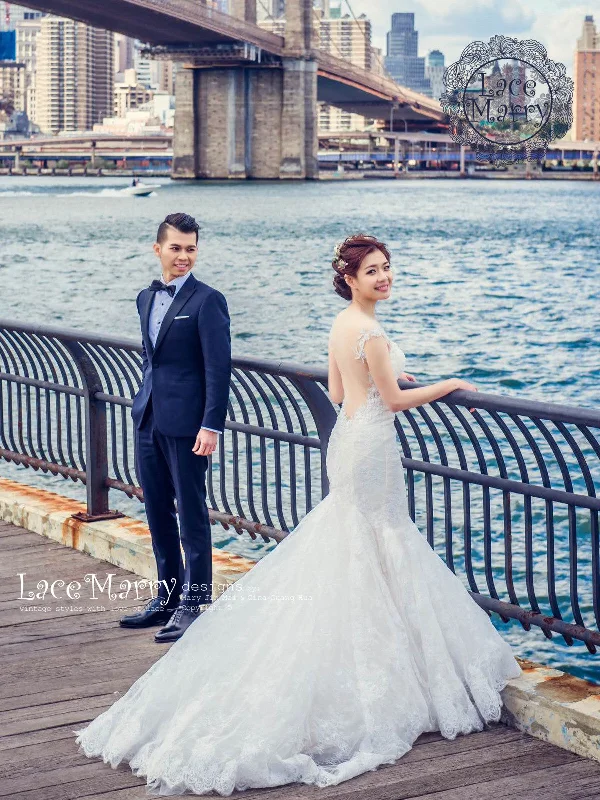 Velvet Dress Sheer Back Lace Wedding Dress with Beaded Neckline