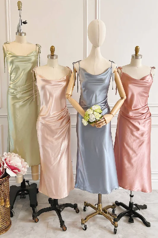 Fancy Evening Dress Sheath Champagne Long Bridesmaid Dress with Tie Shoulder