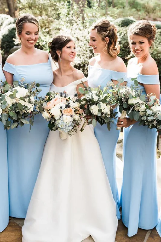 Floor-Length Satin Dress Sheath Off-Shoulder Light Blue Floor Length Bridesmaid Dress