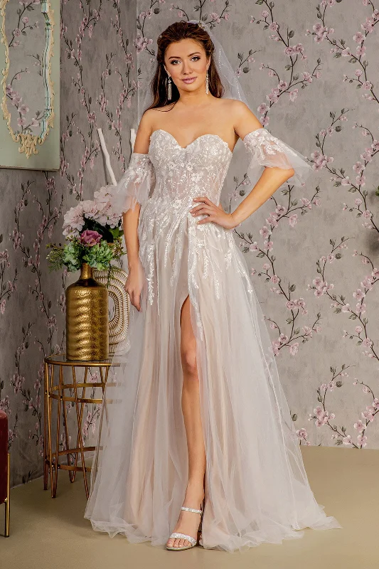 Couture Gown Sheer Bodice Mesh A-line w/ Detachable Short Sleeves Long Wedding Dress GLGL3427 Couture Gown Sheer Bodice Mesh A-line w/ Detachable Short Sleeves Long Wedding Dress GLGL3427
