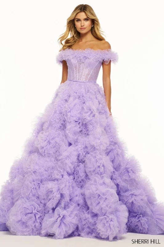 Satin Mermaid Dress Sherri Hill Off Shoulder Sparkle Tulle Prom Dress 56095