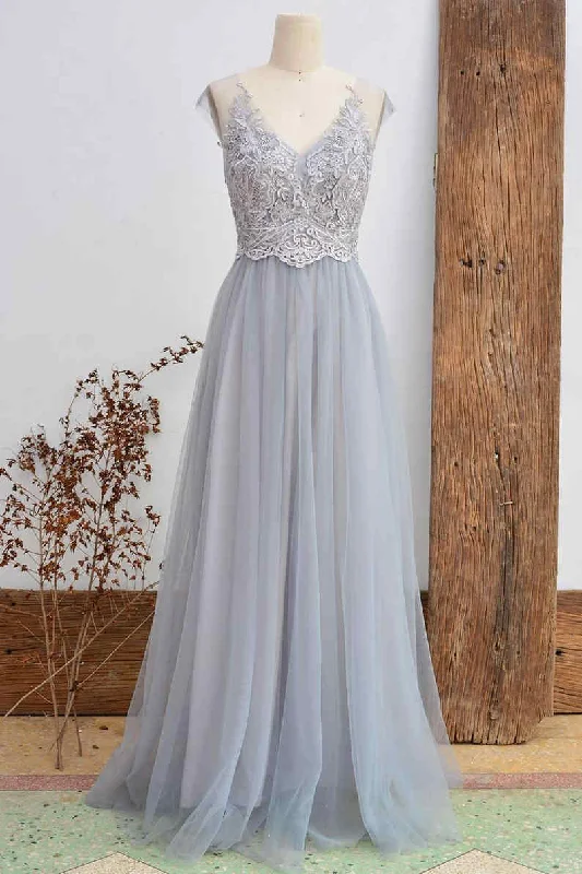Glittering Evening Gown Short Sleeved Light Grey Appliqued Bridesmaid Dress