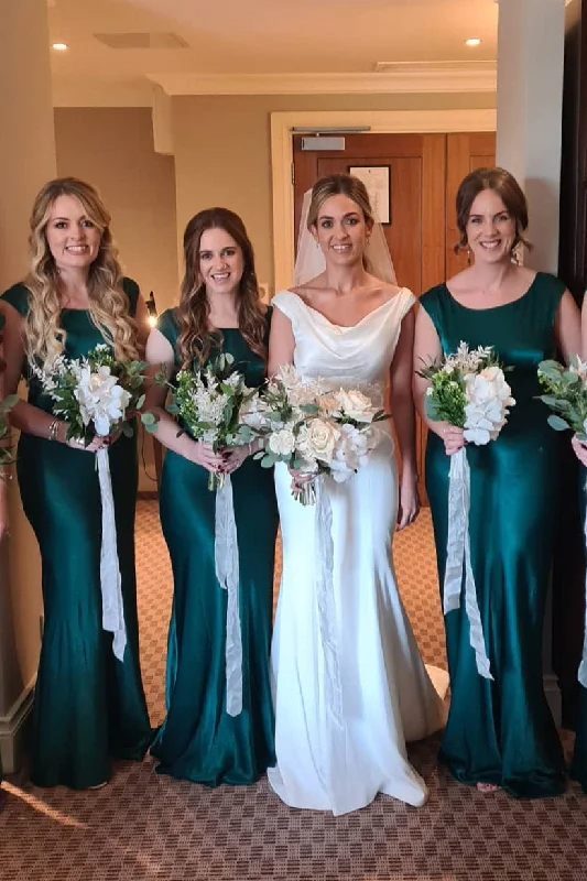 Timeless Satin Dress Side Slit Emerald Green Crew Neck Bridesmaid Dress