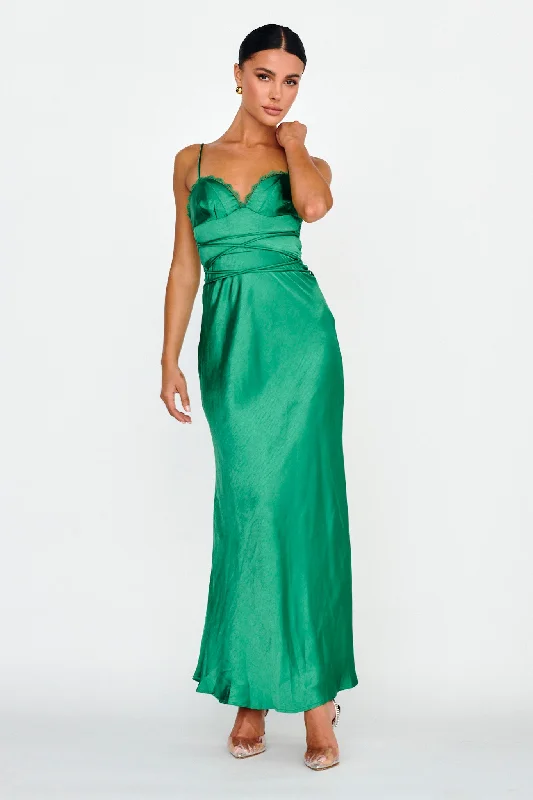 Embroidered Gown Silver Lining String Tie Waist Dress Forest Green