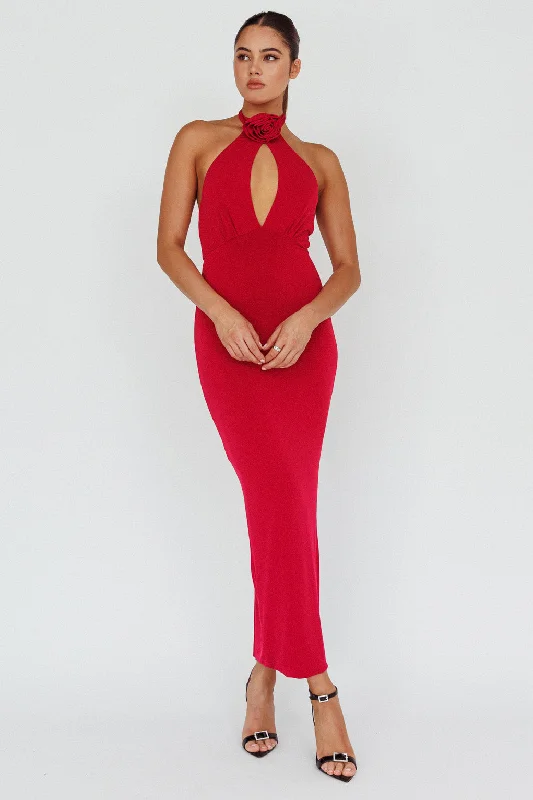 Deep V-Neck Dress Simha Rose Halterneck Midi Dress Red