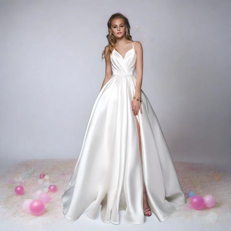 A-Line Gown Simple A-Line Satin V-Neck Spaghetti Straps Wedding Dress