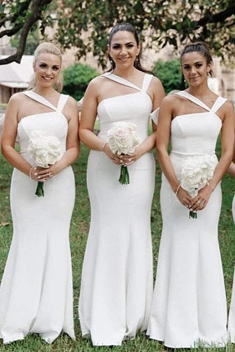 Asymmetrical Gown Simple Backless White Mermaid Long Bridesmaid Dress