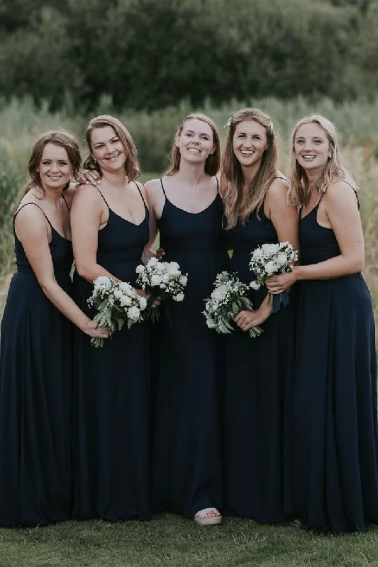 Metallic Formal Dress Simple Dark Navy V-Neck Long Bridesmaid Dress