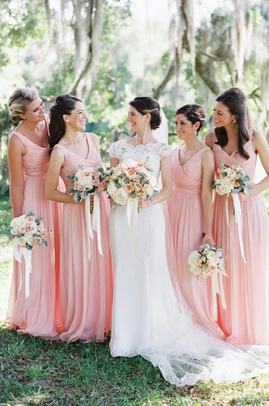 Subtle Shine Dress Simple Pink Chiffon Long Bridesmaid Dress with V Neck