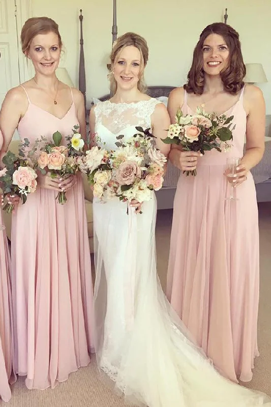 Formal Red Dress Simple Pink Straps Long Bridesmaid Wedding Party Dress