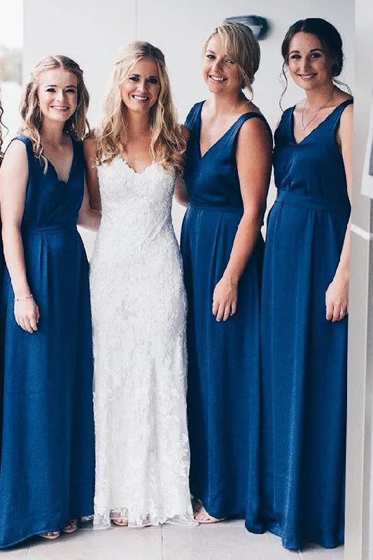 Romantic Evening Gown Simple Navy Blue V Neck Floor Length Bridesmaid Dress