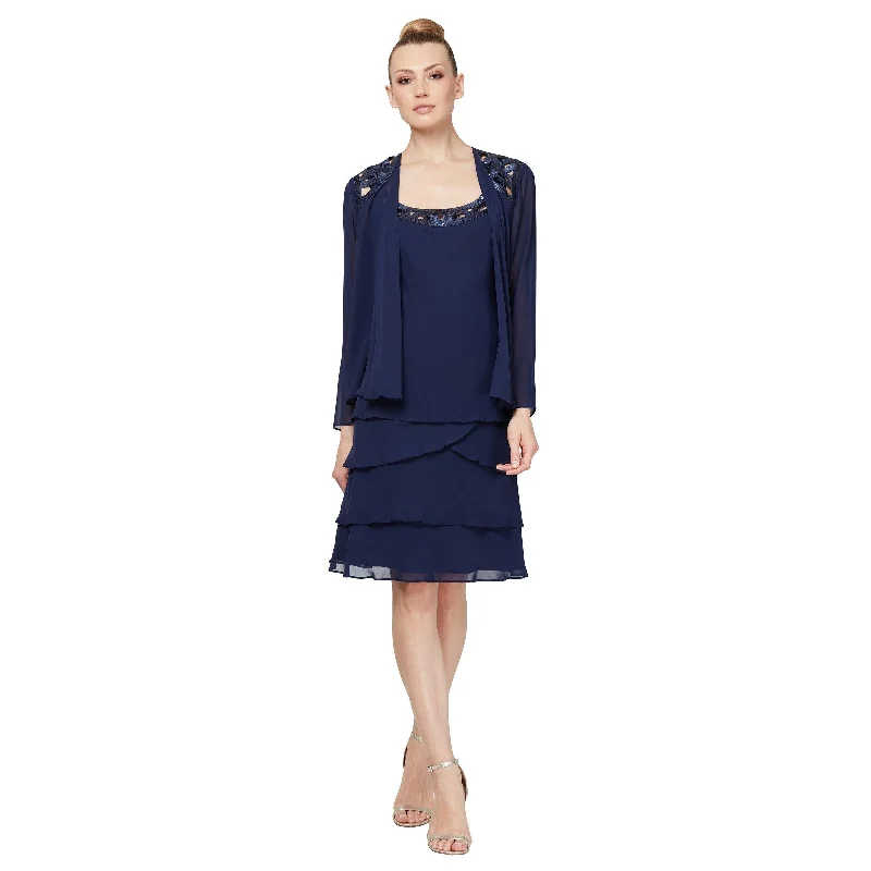 Timeless Satin Dress SL Fashions 110692M Short Tiered Skirt Jacket Dress