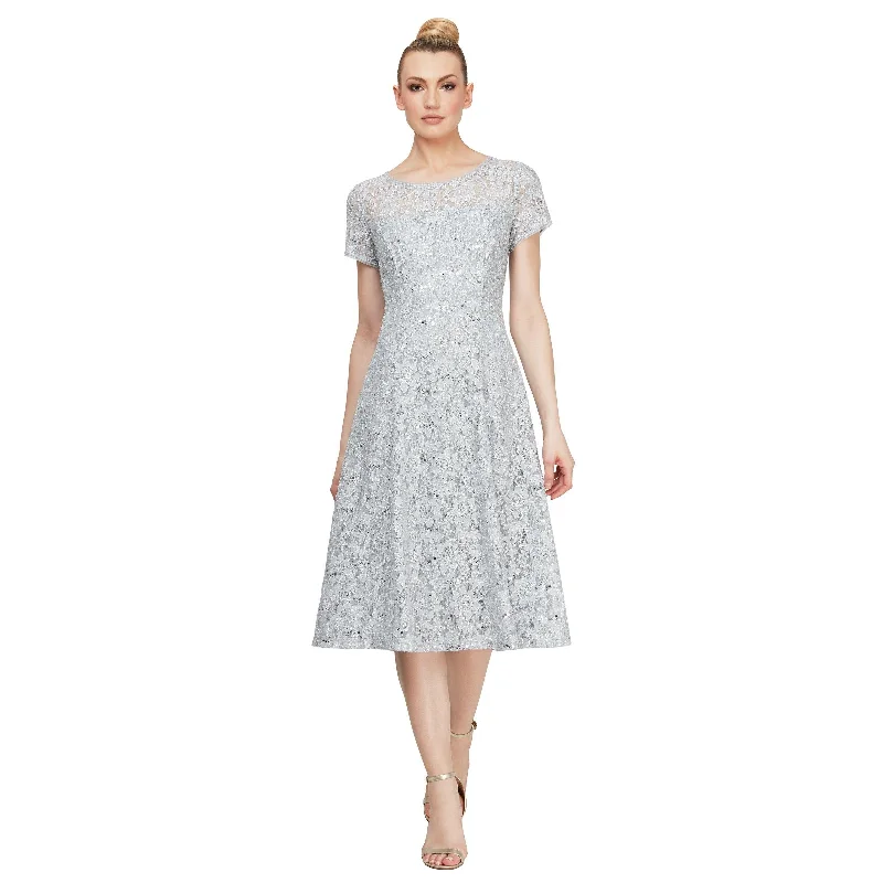 Embroidered Gown SL Fashions 9119417 Tea Length Cap Sleeve Lace Dress