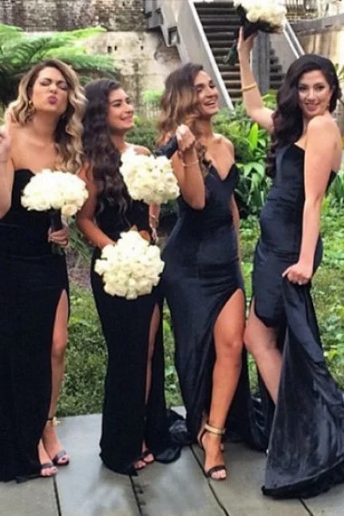 Off-White Gown Slit Sweetheart Mermaid Long Black Bridesmaid Dress
