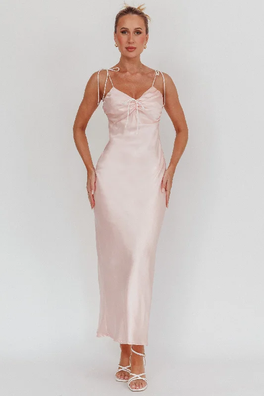 High Neck Dress Slow Burn Tied Shoulders Satin Maxi Dress Pink