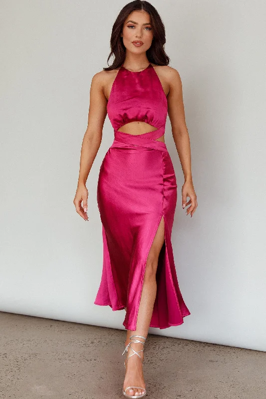 Dramatic Ball Gown Social Butterfly Cut-Out Waist Midi Dress Fuchsia