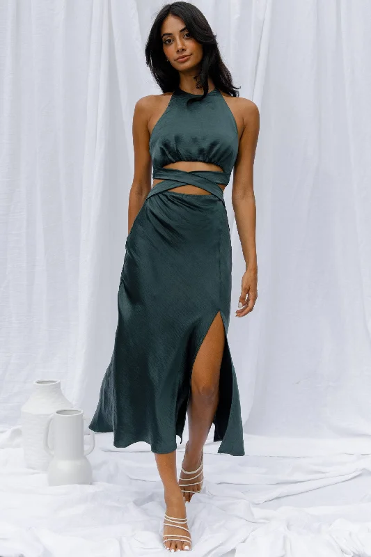 Ruched Satin Dress Social Butterfly Cut-Out Waist Midi Dress Jade