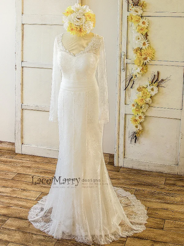 Elegant Gown French Lace Wedding Dress with Long Sleeves