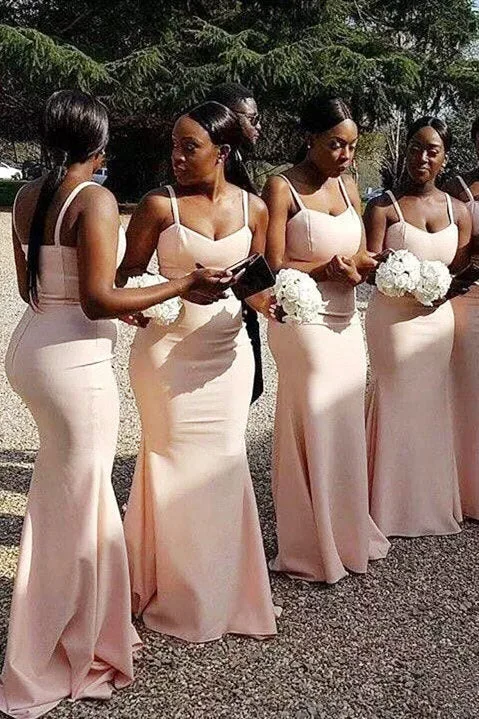 Sheer Panel Dress Spaghetti Strap Mermaid Pale Pink Long Bridesmaid Dress