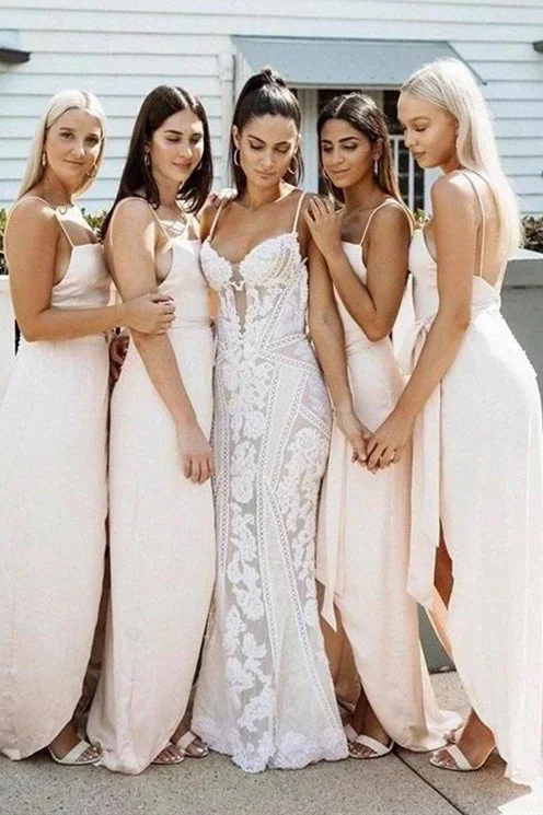 Floral Embroidery Dress Spaghetti Straps Long Wraped Light Peach Bridesmaid Dress