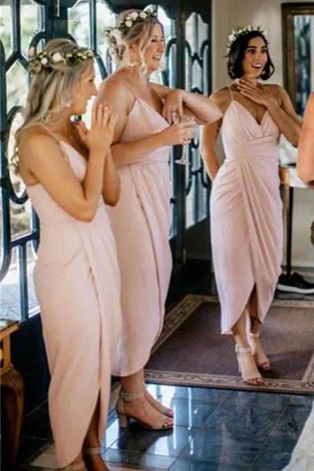 Vivid Color Gown Spaghetti Straps Pink Wrap Bridesmaid Dress