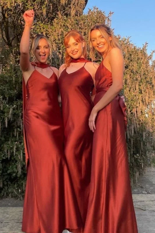 Chic Formal Gown Spaghetti Straps Rust Red Long Mismatch Bridesmaid Dress