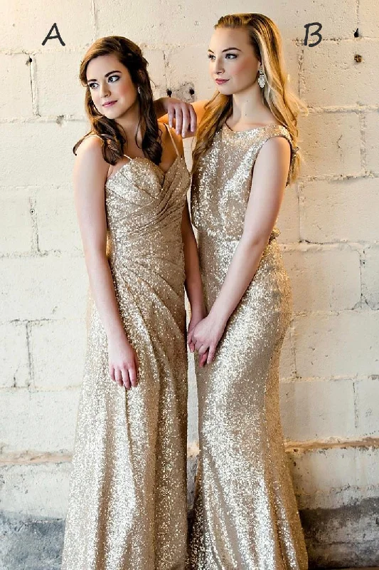 Tulle Skirt Dress Sparkling Mismatch Gold Sequins Long Bridesmaid Dress