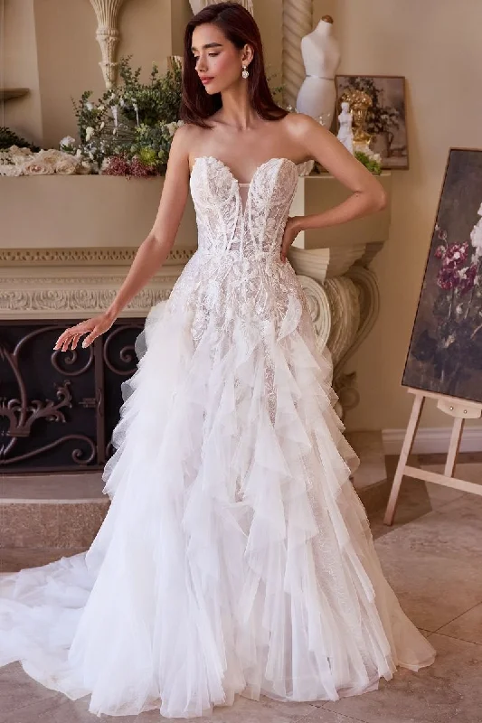 Delicate Lace Dress STRAPLESS DROP WAIST CASCADING WEDDING DRESS CDWL016