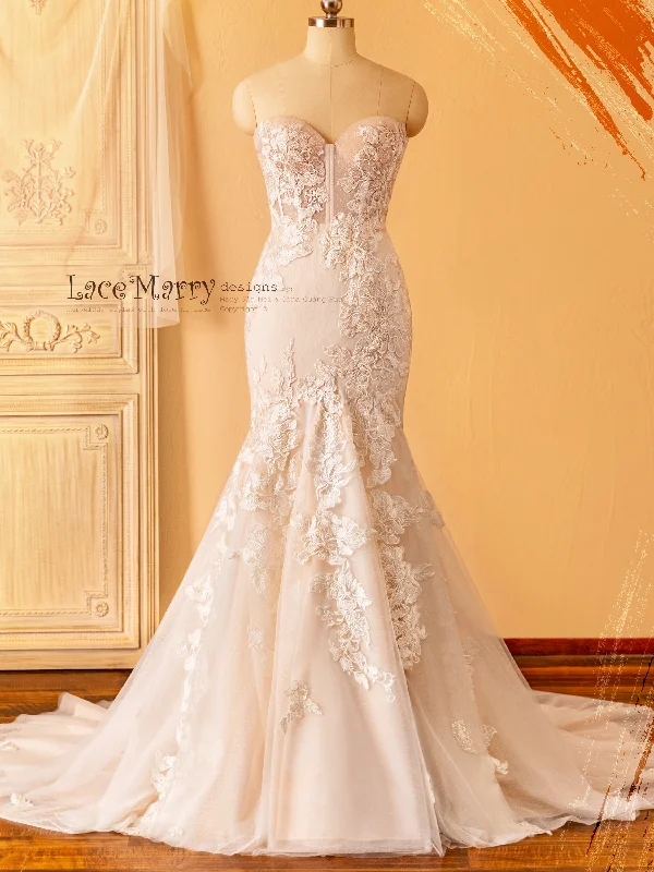 Embroidered Gown KAYLEE / Strapless Fitted Wedding Dress in Boned and Push up Neckline Design Embroidered Gown KAYLEE / Strapless Fitted Wedding Dress in Boned and Push up Neckline Design