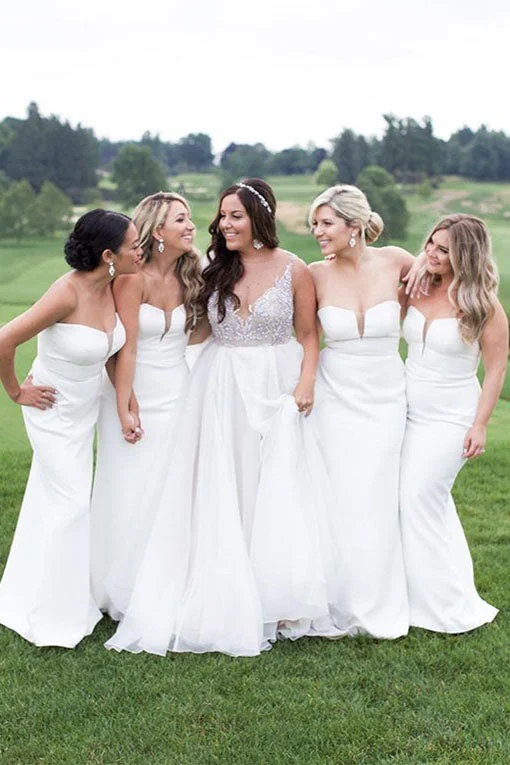 Lush Satin Gown Strapless Mermaid White Long Bridesmaid Dress
