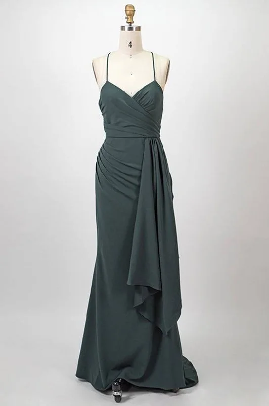 Open Back Dress Straps Dark Green Pleated Long Bridesmaid Dress