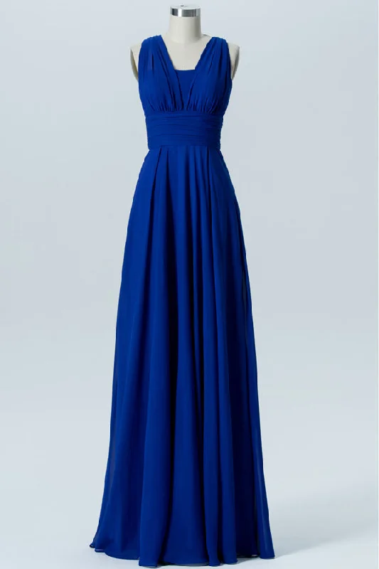 Backless Dress Straps Royal Blue Pleated Long Bridesmaid Dress