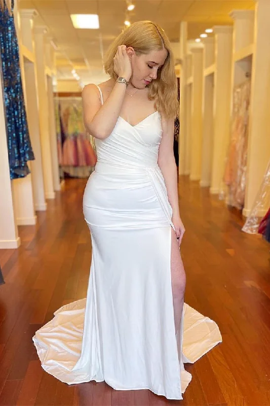 Bow Detail Dress Straps Side Slit Ivory Long Bridesmaid Dress