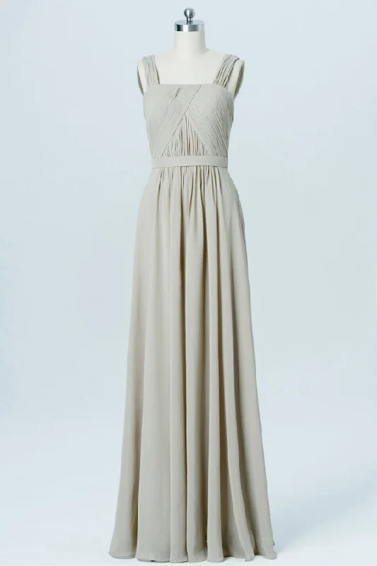 Princess Ball Gown Straps Taupe Square Neck Ruched Bridesmaid Dress