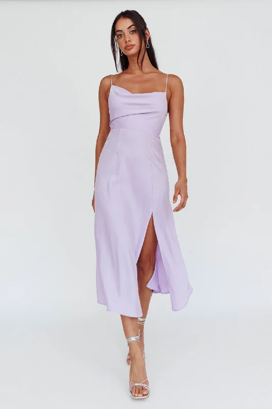 Satin Slip Dress Suki Front Split Midi Dress Lilac