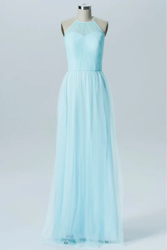 Fit And Flare Dress Sweet Light Blue Halter Tulle Bridesmaid Dress