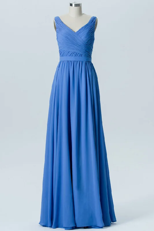 Deep V-Neck Dress Sweet Pleated Ocean Blue Long Bridesmaid Dress
