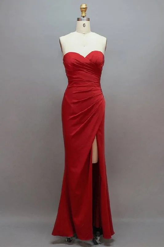 Empire Gown Sweetheart Pleated Red Long Bridesmaid Dress