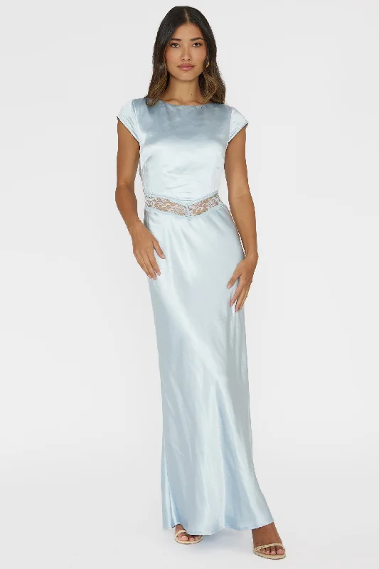 Long Sleeve Dress Taken Heart Lace Trim Tied Back Dress Baby Blue
