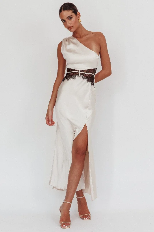Ruched Satin Dress Tarly Lace Waist One-Shoulder Maxi Dress Champagne