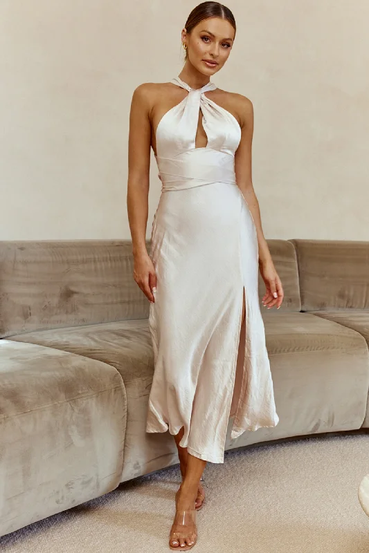 Glittering Evening Gown Te Amo Halterneck Open Back Midi Dress Champagne