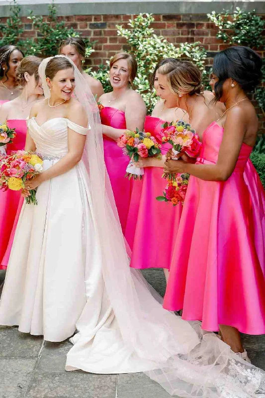Sparkly Dress Tea Length A-Line Strapless Neon Pink Bridesmaid Dress