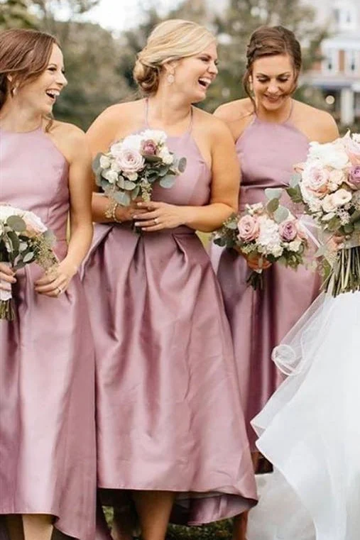 Unique Formal Dress Tea Length Halter Dusty Rose Bridesmaid Dress