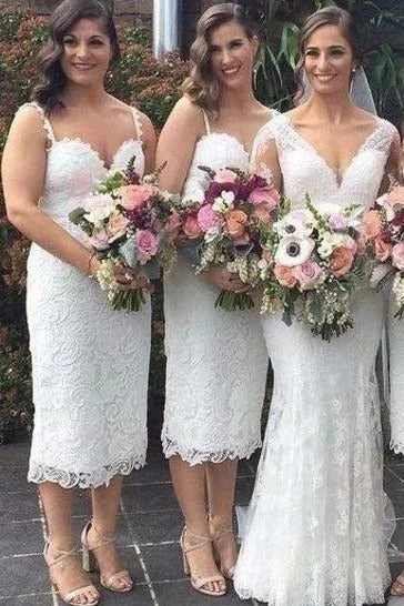 Sequin Maxi Dress Tea-length Straps White Lace Bridesmaid Dress