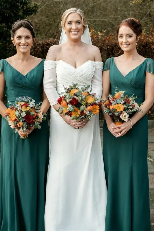 Modest Gown Teal V-Neck Pleated Chiffon Bridesmaid Dress