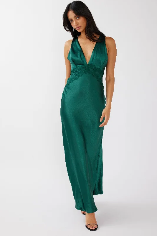 Elegant Wedding Gown Theriz Lace Trim Tied Back Maxi Dress Green
