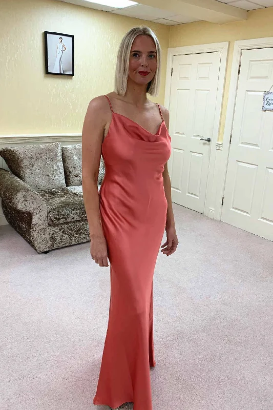 Off-Shoulder Gown Tie Back Cowl Neck Long Coral Bridesmaid Dress