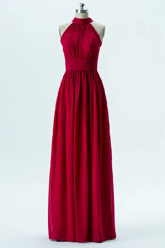 Pleated Gown Tie Straps Red Halter Floor Length Bridesmaid Dress