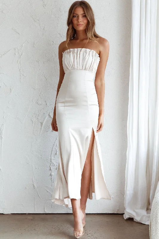 Draped Gown Tivoli Strapless Gathered Bust Midi Dress Champagne