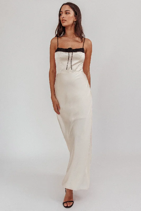 Whimsical Evening Gown Tomorrow's Love Gathered Bow Neckline Maxi Dress Oyster